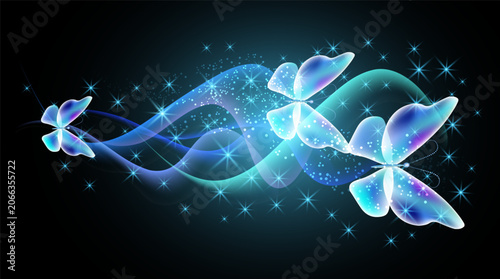 Fantastic butterflies and magical curving transparent waves with glowing stars on black background