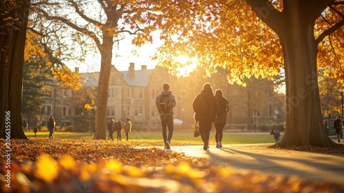 Students walking on a university campus path during a sunny autumn