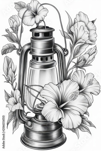 Vintage metal lantern surrounded by tropical hibiscus flowers in black and white
