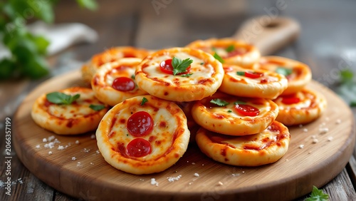 Delicious freshly baked mini pepperoni pizzas on wooden board