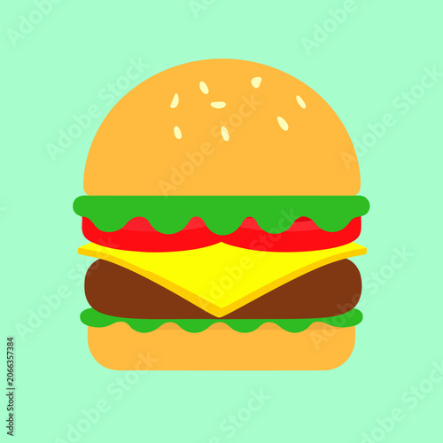 A colorful cheeseburger layered with crisp lettuce, juicy patty, melted cheese, and fresh tomato, presented in a playful and appetizing fast-food style.