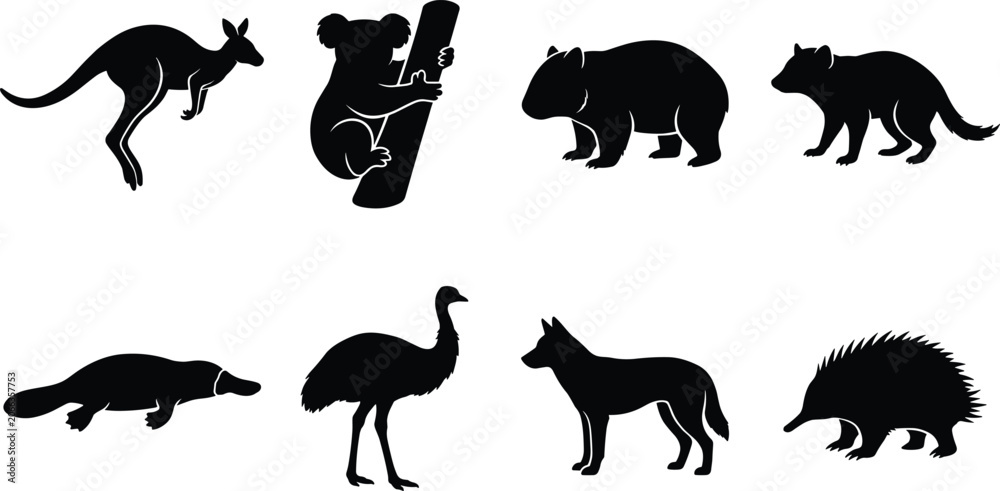 Obraz premium Australian animals black silhouette vector collection isolated on white background for wildlife and commercial graphic designs