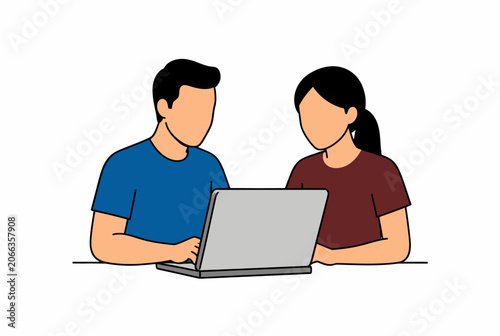 Two people collaborating on laptop indoors.