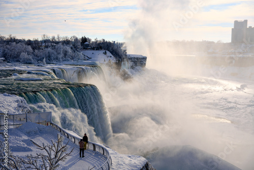 Photos Winter scene at Horseshoe Falls with snow covered cliffs and rising mist