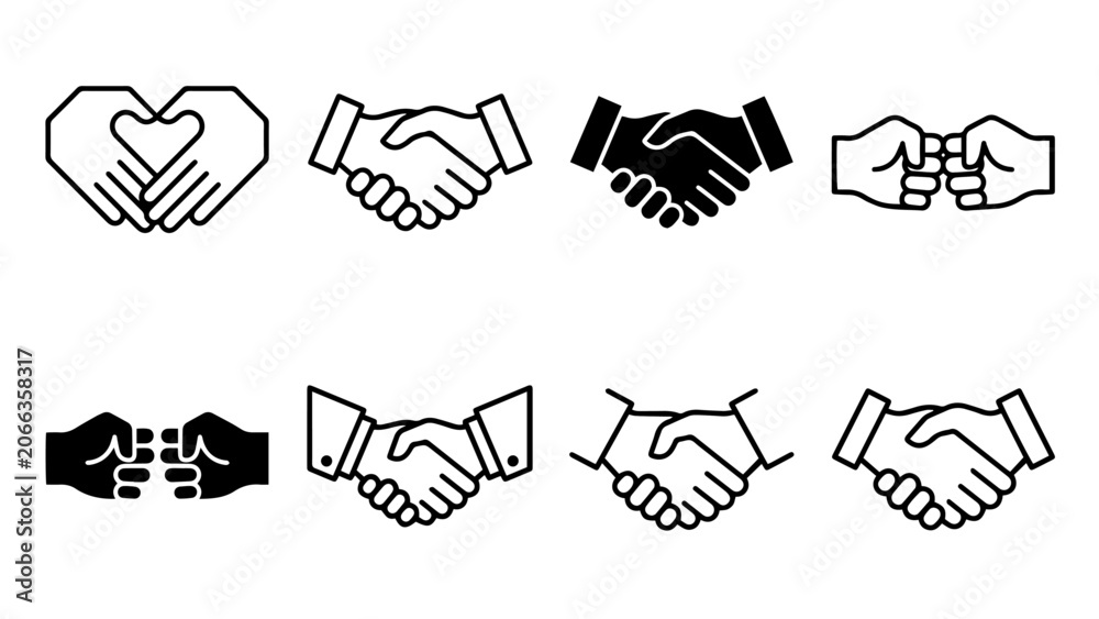 Fototapeta premium Handshake & Heart Hands Icon Set - 8 Variations Partnership Agreement Icons
