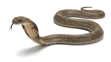 A venomous cobra snake with its hood flared and tongue flicking out.