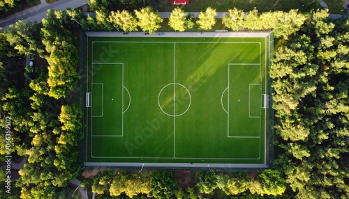 Aerial top view of green football field surrounded by trees, soccer pitch overhead view with white lines markings.