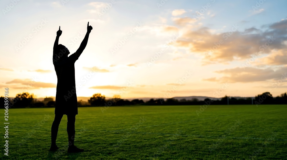 Fototapeta premium Silhouette of a person with arms raised in triumph on a vast green field at sunset.