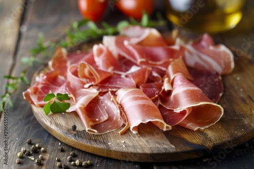 Delicious iberian ham with tomatoes, olive oil, herbs, salt and peppercorns on a wooden board
