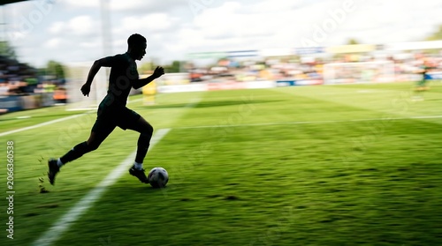 Silhouette of a soccer player dribbling the ball on a vibrant green grass field during a game or practice session.