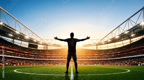 Silhouette of a triumphant soccer player with outstretched arms celebrating victory in a packed stadium at sunset.