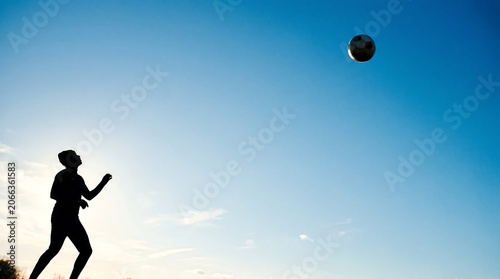 Silhouette of a person playing with a ball against a vibrant blue sky, enjoying an active outdoor leisure moment.