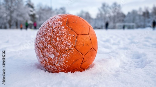 An orange soccer ball partially covered in fresh white snow on a winter field, ready for play.