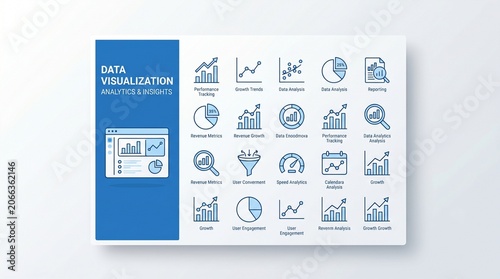 Data visualization, infographic elements, business icons, statistics symbols, blue and white design