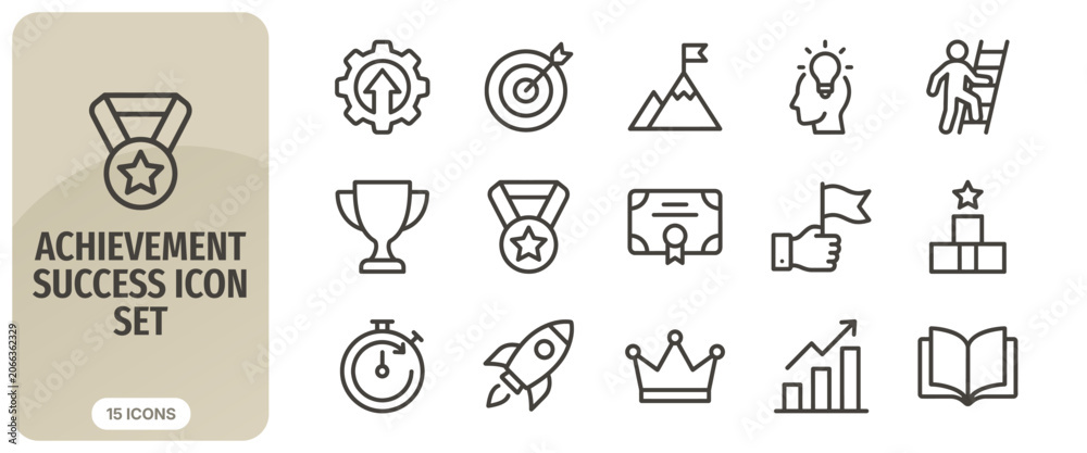 Fototapeta premium Achievement and success icon set, thin line style, vector illustration of business goals, awards, and growth symbols