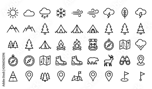 Cuadro en lienzo Outdoor camping and hiking adventure map line icon set vector illustration isola