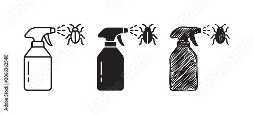 Insecticide spray bottle icon set targeting pests, in outline, solid glyph, and hand-drawn sketch styles.