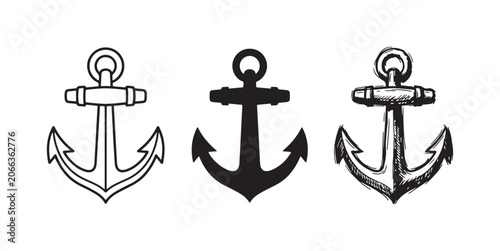 Bilde på lerret Ship anchor icon set with a sturdy design in outline, solid, and hand-drawn styles