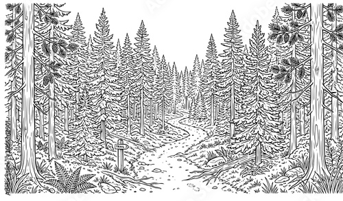 Photos Vector engraving illustration of a scenic forest trail winding through pine tree