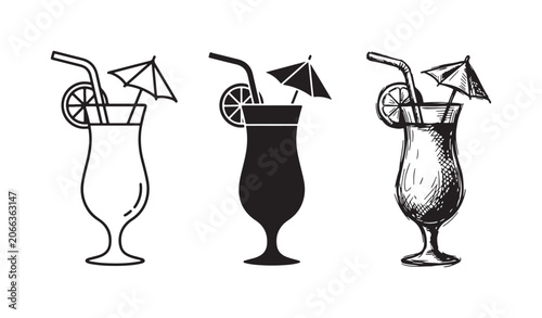 Obraz na płótnie Collection of Three Tropical Cocktail Icons Featuring Lemon and Umbrella, in Out
