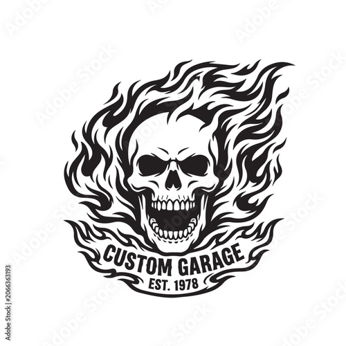 Custom Garage Flaming Skull Vintage Emblem Design.