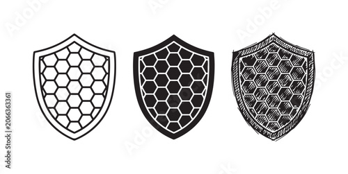 Fotografie Shield with honeycomb pattern icons, variant design, in outline, solid, and hand-drawn doodle styles