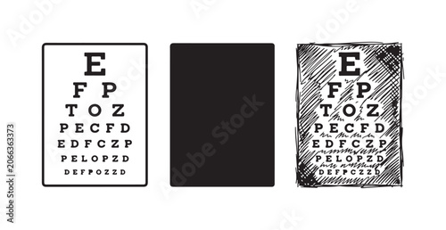 Konstfotografi Snellen eye chart icon set in outline, solid black, and hand-drawn doodle styles for ophthalmology and vision testing