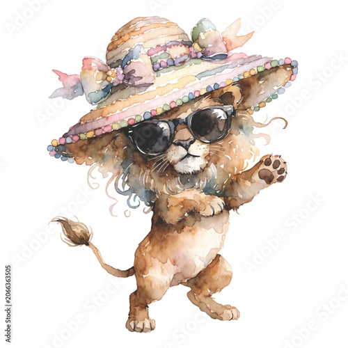 Happy baby lion dancing with beach hat and black sunglasses vector background 
