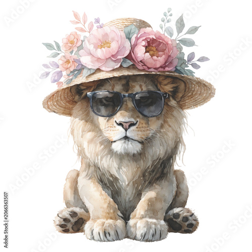 Happy baby lion dancing with beach hat and black sunglasses vector background 
