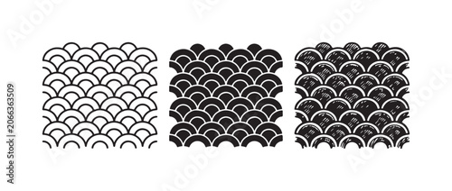 Tableau sur toile Three versions of a stylized fish scale or wave pattern, rendered in outline, solid, and hand-drawn doodle styles