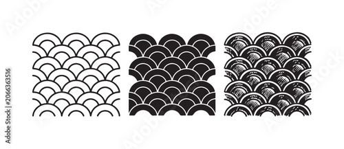 Fotografie Three versions of a stylized fish scale or wave pattern, rendered in outline, solid, and hand-drawn doodle styles