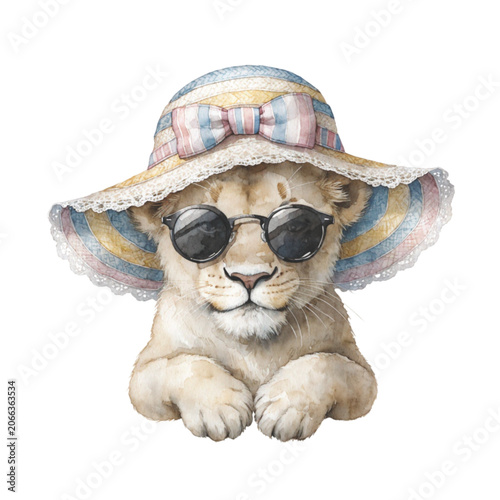 Happy baby lion dancing with beach hat and black sunglasses vector background 
