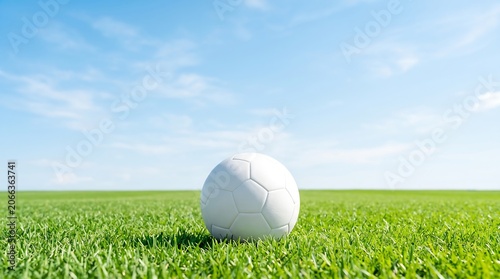 A white soccer ball rests on a vibrant green grass field under a clear blue sky on a sunny day.