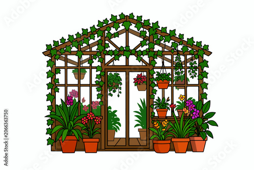 Greenhouse with Potted Flowers and Lush Plants.
