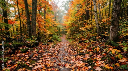 Autumn Forest Path Surrounded by Colorful Fall Leaves in Red, Orange and Yellow Foliage Among Trees in a Scenic Woodland Landscape