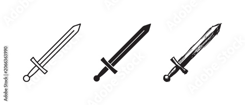 Canvastavla Three broadsword icons in outline, solid, and hand-drawn styles, depicting a cla