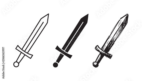 Canvastavla Three broadsword icons in outline, solid, and hand-drawn styles, depicting a cla