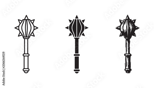 Photos Medieval flanged mace weapon icons in line, glyph, and hand-drawn sketch styles