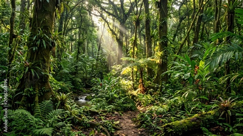 Green grass in a lush forest with trees in the morning light