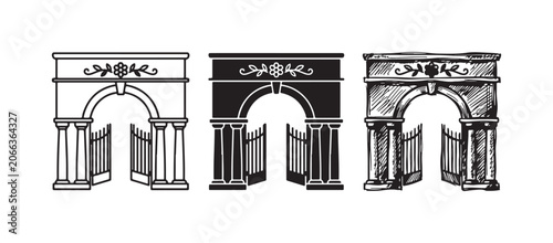 Obraz na płótnie Set of three decorative archways with open gates and columns, presented in outline, solid black, and hand-drawn sketch styles