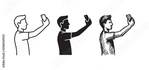 Foto Person taking a selfie with a smartphone icons in line art, solid silhouette, an