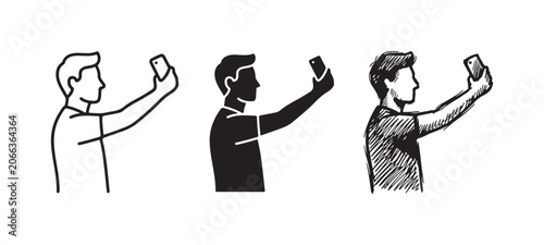 Bild auf Leinwand Person taking a selfie with a smartphone icons in line art, solid silhouette, an
