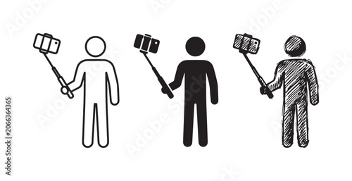 Foto Person holding a selfie stick with smartphone icons in line art, solid silhouett