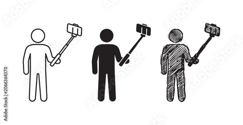 Foto Person holding a selfie stick with smartphone icons in line art, solid silhouett