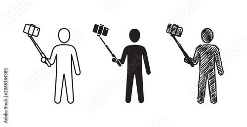 Foto Person holding a selfie stick with smartphone icons in line art, solid silhouett