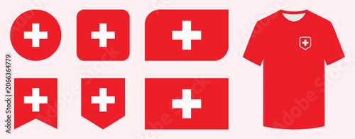 Switzerland Flag Icon Set Collection with Circle, Square, Rounded Rectangle, Bookmark, Shield Badge and Football Jersey Vector Illustration Isolated on White Background