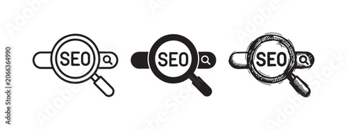 Bild auf Leinwand SEO query icon set featuring a magnifying glass with SEO text and a query 'Q' symbol, representing search engine optimization keyword research in outline, solid, and hand-drawn styles