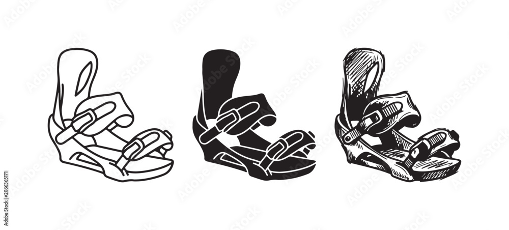 Obraz premium Snowboard Binding Icons Set: Outline, Solid, and Hand-Drawn Doodle Style Winter Sport Equipment Accessory Symbols