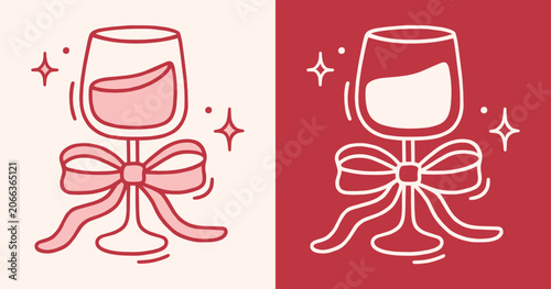 Wine glass with bow red and pink outline drawing sparkling drink line art girly preppy coquette aesthetic design. Cute ribbon illustration bachelorette galentines girls night christmas party print.