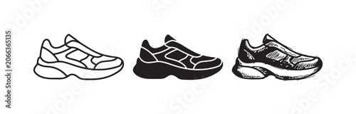 Foto Set of three chunky sneaker shoe icons in outline, solid black, and hand-drawn sketch styles